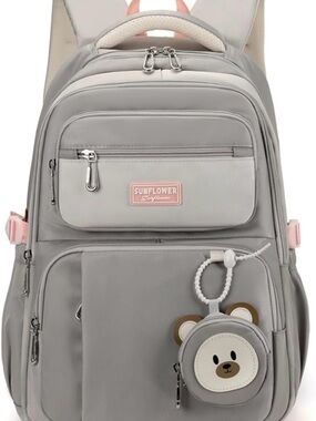 Sunflower Kids Light Grey Backpack with Bear Pouch